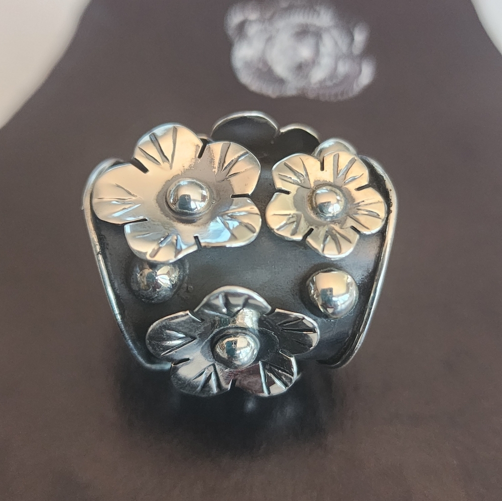 Floral Taxco Sterling Silver Ring Adjustable Fits Size 7-8 - Picture 4 of 14